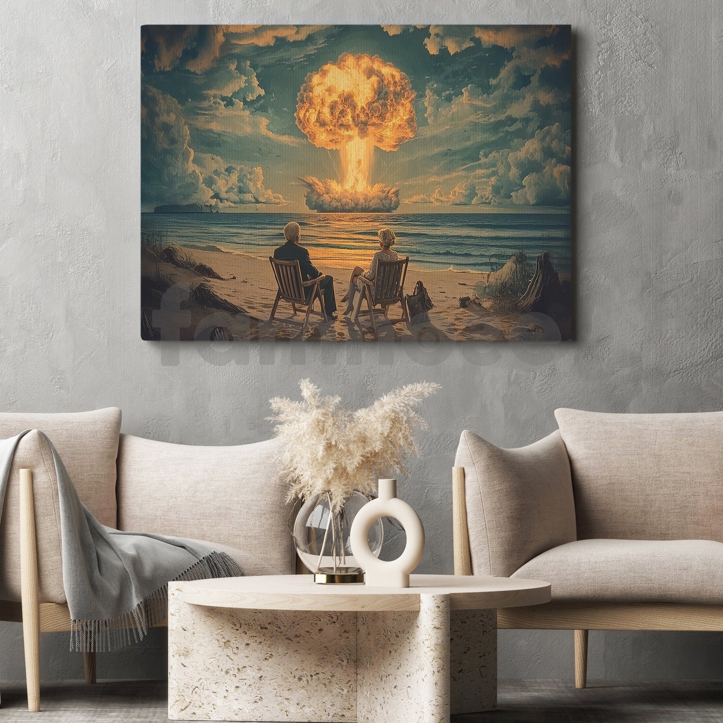 Surreal Beach Explosion Canvas Painting, Couple Watching Nuclear Blast Wall Art Decor, Poster Gift