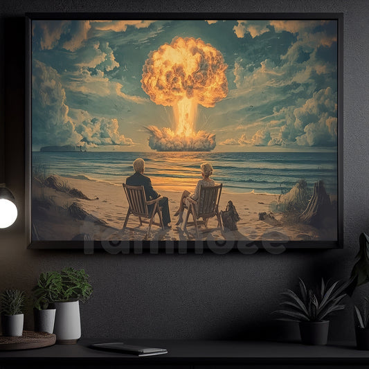 Surreal Beach Explosion Canvas Painting, Couple Watching Nuclear Blast Wall Art Decor, Poster Gift