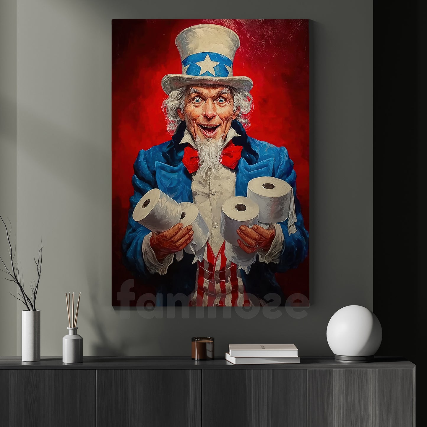 July 4th Uncle Sam Toilet Canvas Painting, Patriotic Toilet Paper Poster Print, Novelty Wall Art Decor