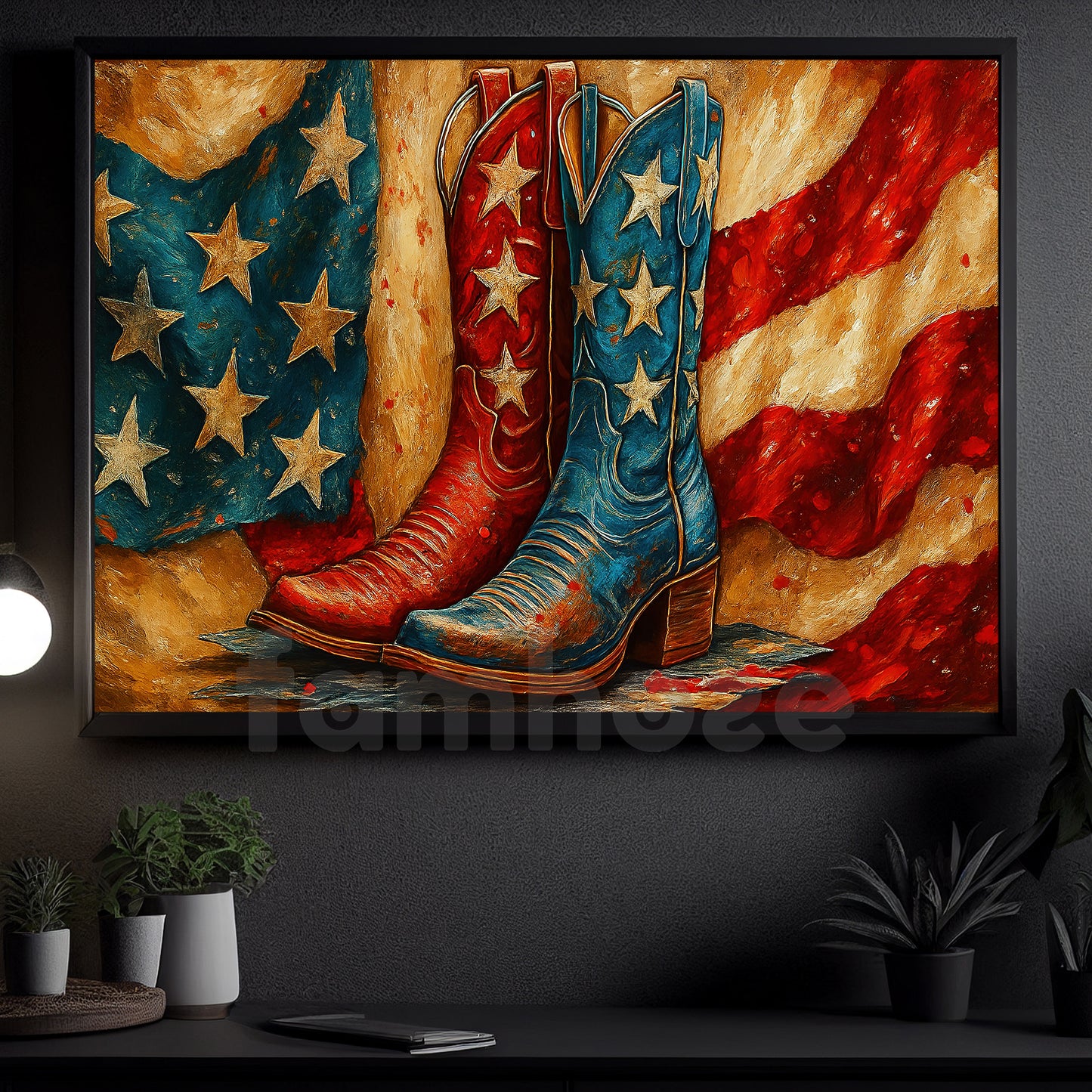 July 4th Cowboy Canvas Painting, Stars And Stripes Boots Wall Art Decor, Independence Day Poster Gift For Cowboy Lovers
