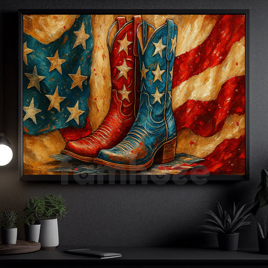 July 4th Cowboy Canvas Painting, Stars And Stripes Boots Wall Art Decor, Independence Day Poster Gift For Cowboy Lovers