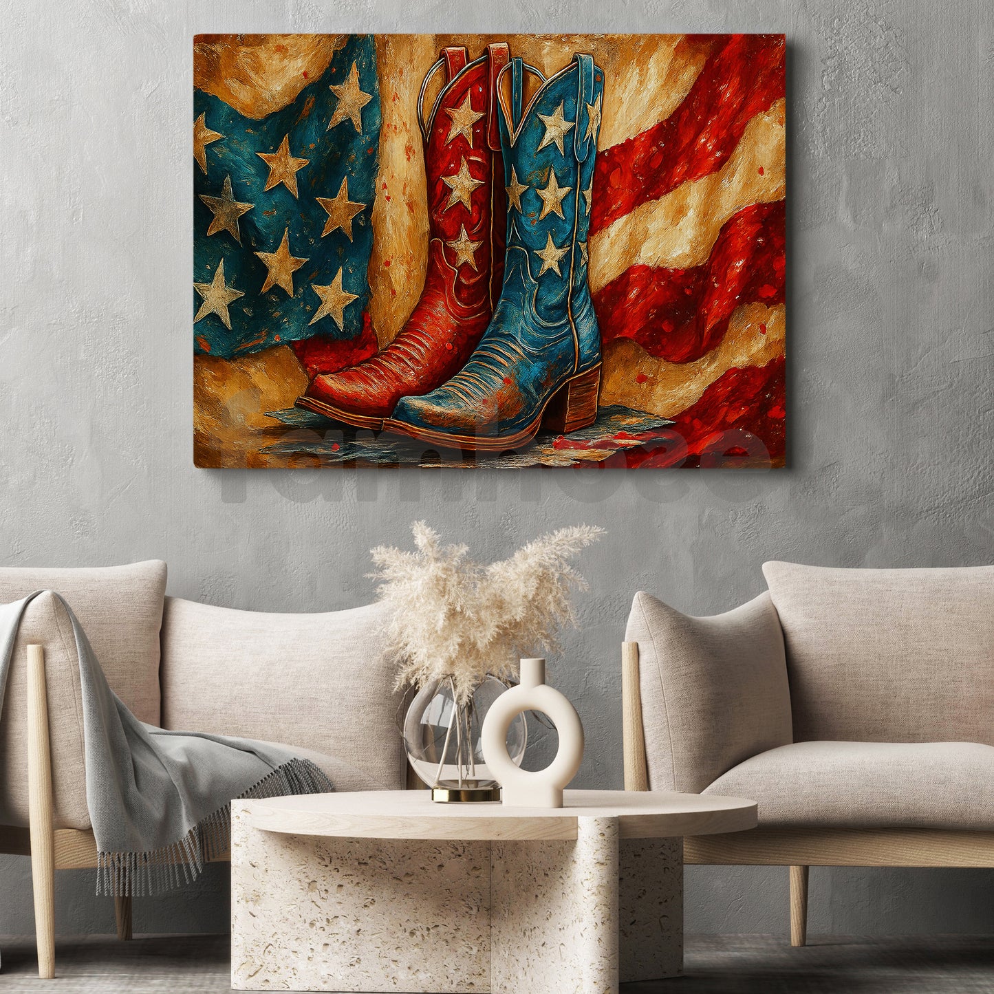 July 4th Cowboy Canvas Painting, Stars And Stripes Boots Wall Art Decor, Independence Day Poster Gift For Cowboy Lovers