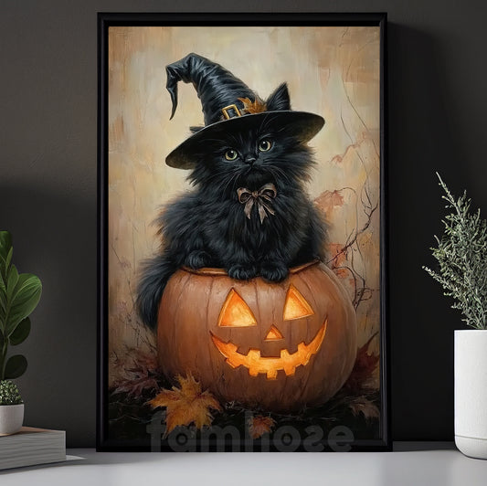 Cute Halloween Witch Cat Canvas Painting, Witch Cat Sitting On Jack-O’-Lantern Wall Art Decor, Spooky Season Poster Gift For Cat Lovers
