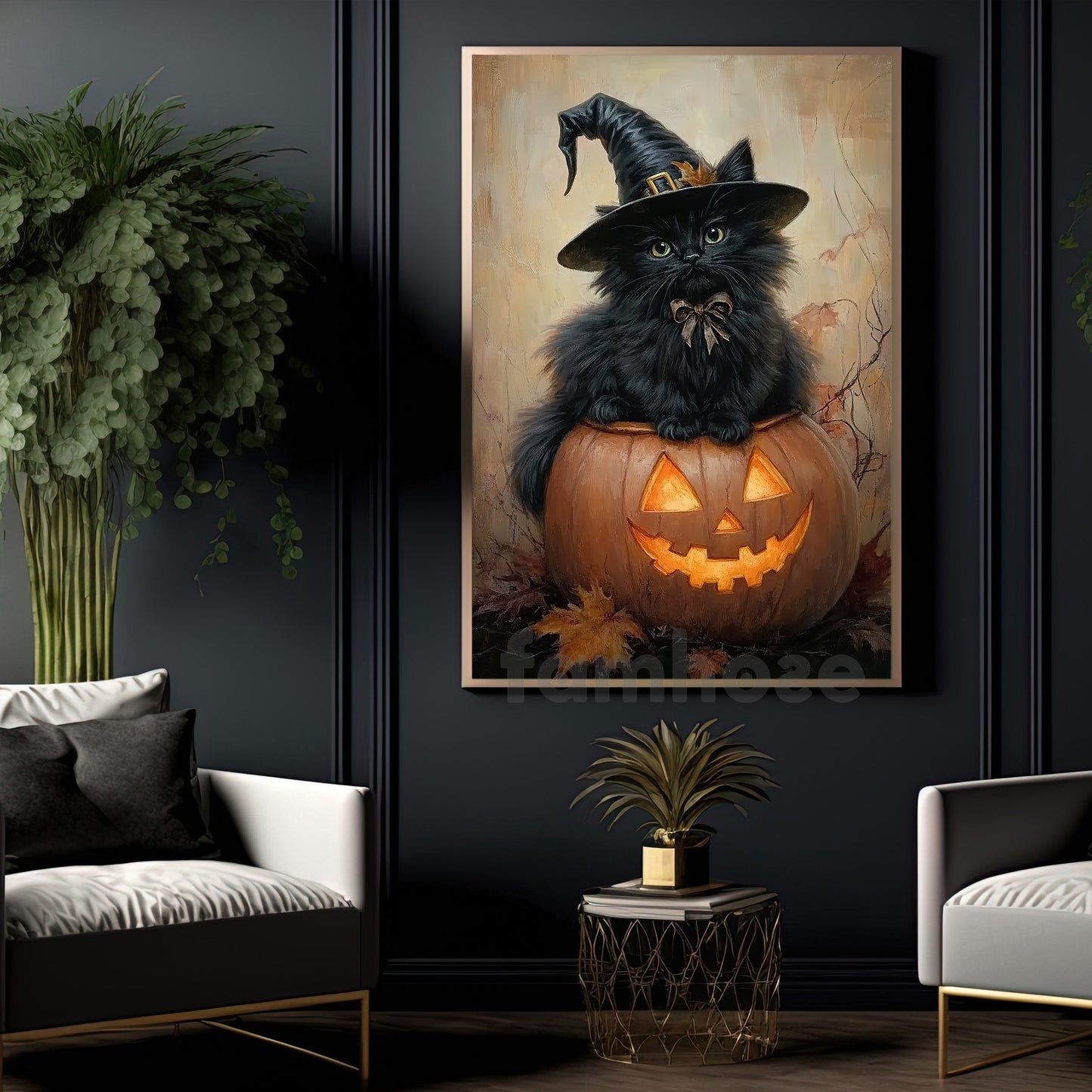 Cute Halloween Witch Cat Canvas Painting, Witch Cat Sitting On Jack-O’-Lantern Wall Art Decor, Spooky Season Poster Gift For Cat Lovers