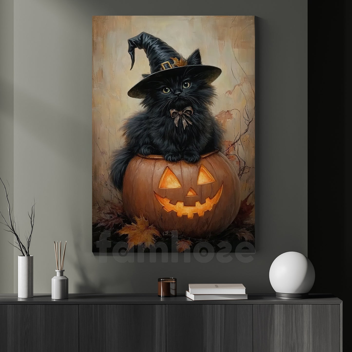 Cute Halloween Witch Cat Canvas Painting, Witch Cat Sitting On Jack-O’-Lantern Wall Art Decor, Spooky Season Poster Gift For Cat Lovers