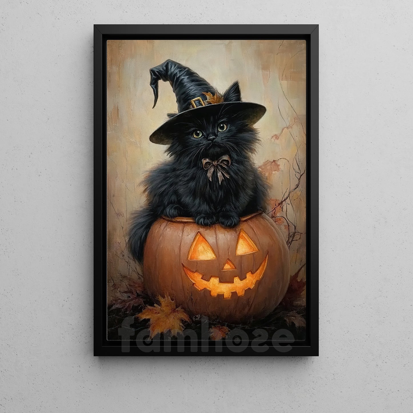 Cute Halloween Witch Cat Canvas Painting, Witch Cat Sitting On Jack-O’-Lantern Wall Art Decor, Spooky Season Poster Gift For Cat Lovers