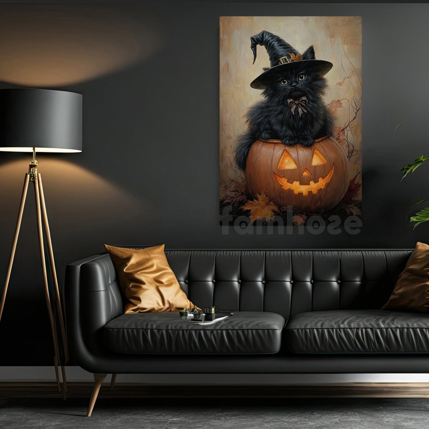 Cute Halloween Witch Cat Canvas Painting, Witch Cat Sitting On Jack-O’-Lantern Wall Art Decor, Spooky Season Poster Gift For Cat Lovers