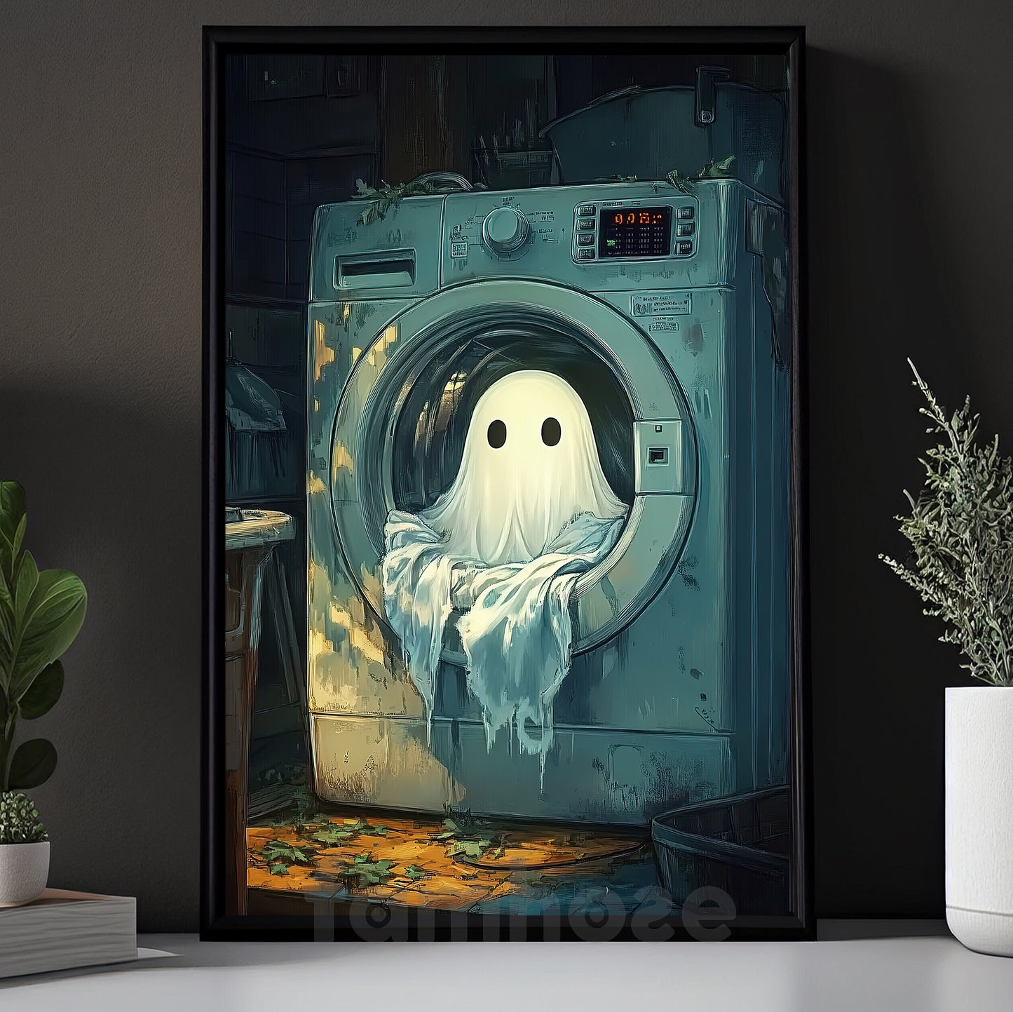 Cute Halloween Boo Canvas Painting, Ghost Doing Laundry Wall Art Decor, Spooky Season Poster Gift For Ghost Lovers
