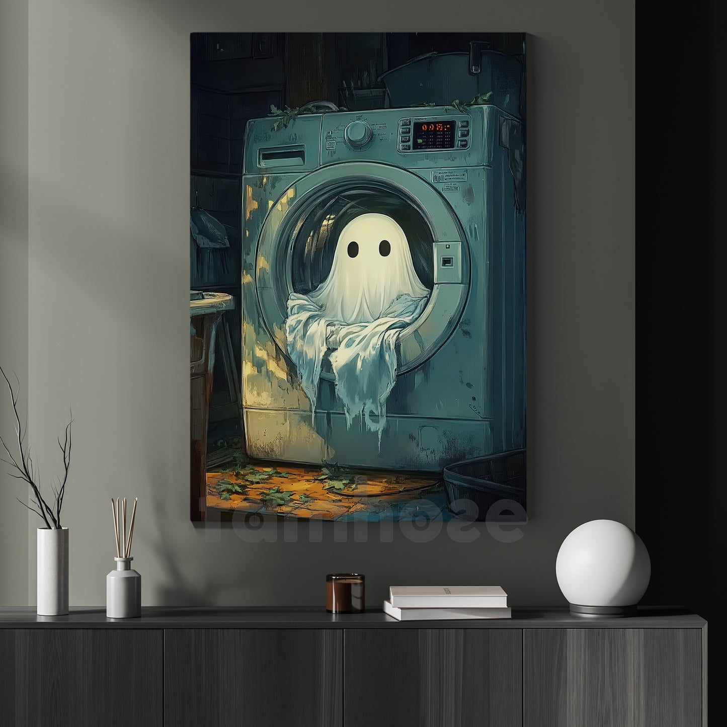 Cute Halloween Boo Canvas Painting, Ghost Doing Laundry Wall Art Decor, Spooky Season Poster Gift For Ghost Lovers