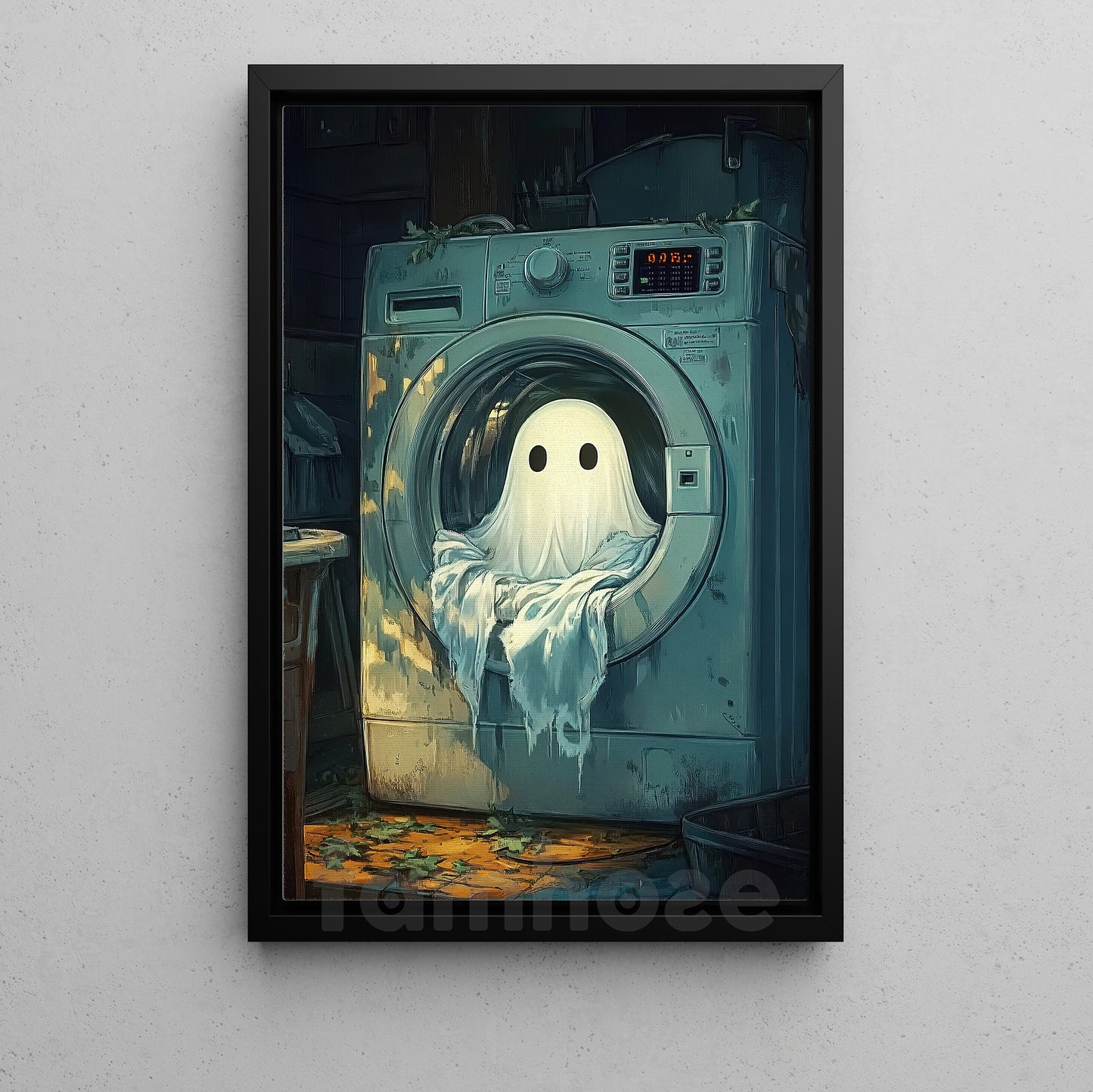 Cute Halloween Boo Canvas Painting, Ghost Doing Laundry Wall Art Decor, Spooky Season Poster Gift For Ghost Lovers