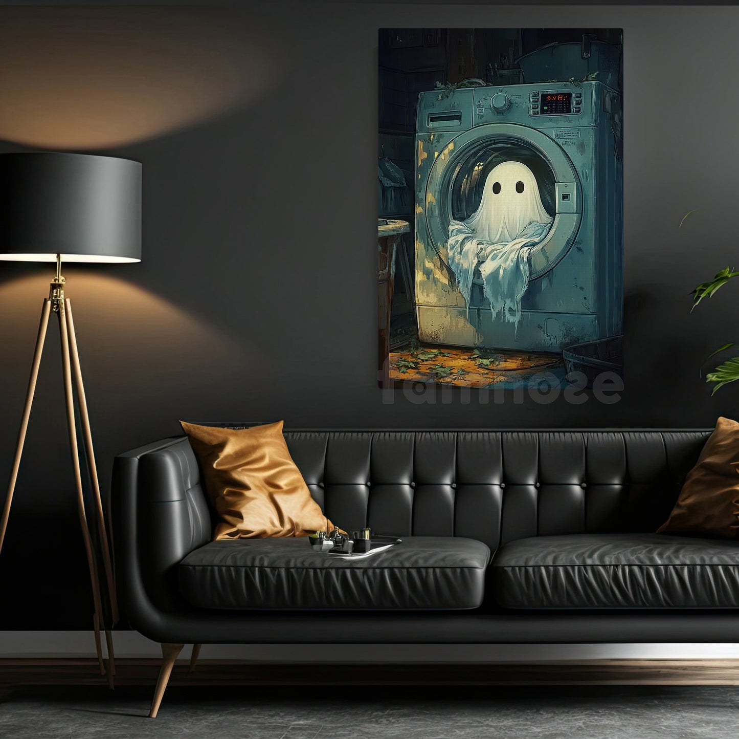 Cute Halloween Boo Canvas Painting, Ghost Doing Laundry Wall Art Decor, Spooky Season Poster Gift For Ghost Lovers