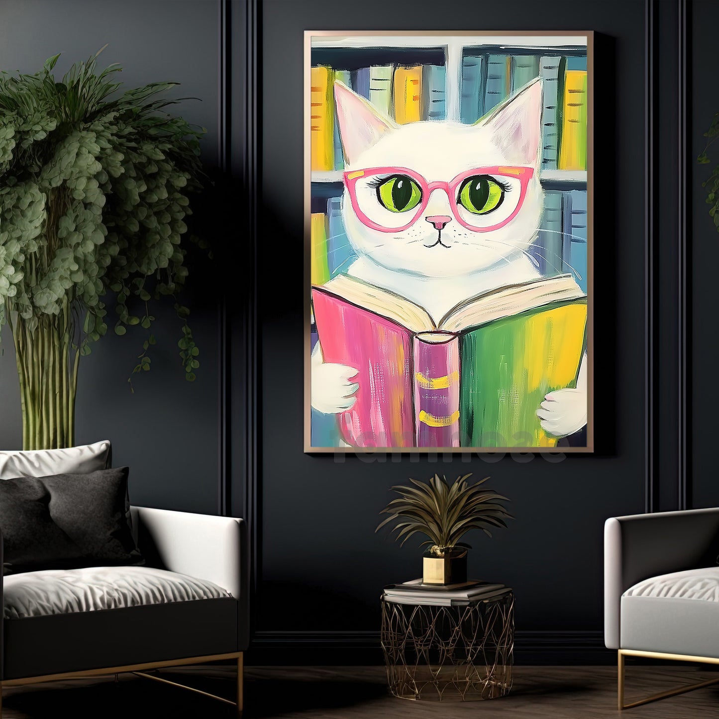 Cute Cat Canvas Painting, Purrfect Reader Wall Art Decor, Poster Gift For Cat Lovers