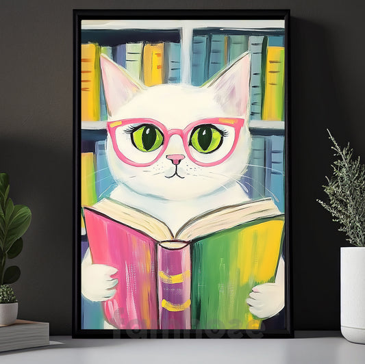 Cute Cat Canvas Painting, Purrfect Reader Wall Art Decor, Poster Gift For Cat Lovers