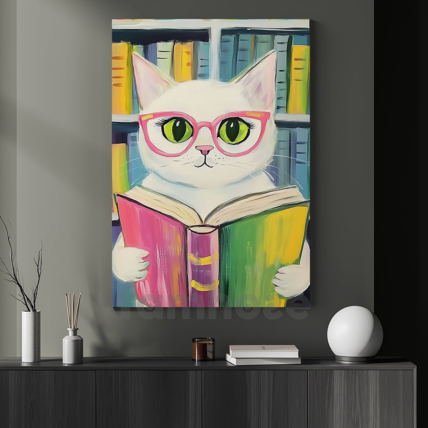 Cute Cat Canvas Painting, Purrfect Reader Wall Art Decor, Poster Gift For Cat Lovers