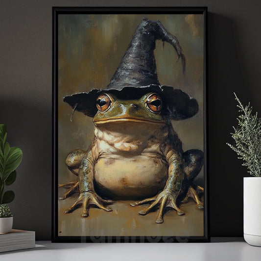 Funny Halloween Witch Frog Canvas Painting, Witch’s Toad Wall Art Decor, Spooky Season Poster Gift For Witch Lovers