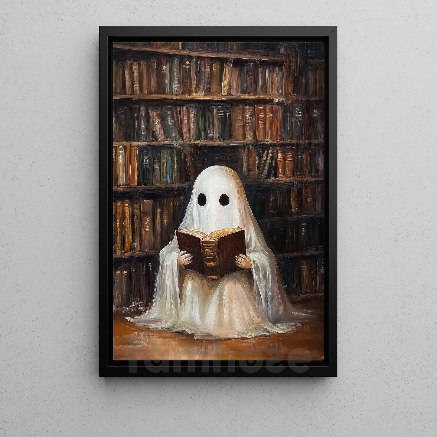 Cute Halloween Boo Book Canvas Painting, Ghost Reading Book In Library Wall Art Decor, Spooky Season Poster Gift For Ghost Lovers