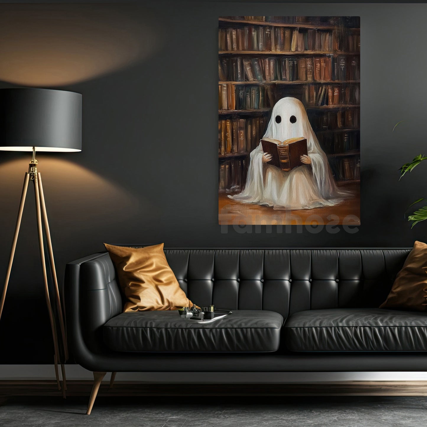 Cute Halloween Boo Book Canvas Painting, Ghost Reading Book In Library Wall Art Decor, Spooky Season Poster Gift For Ghost Lovers