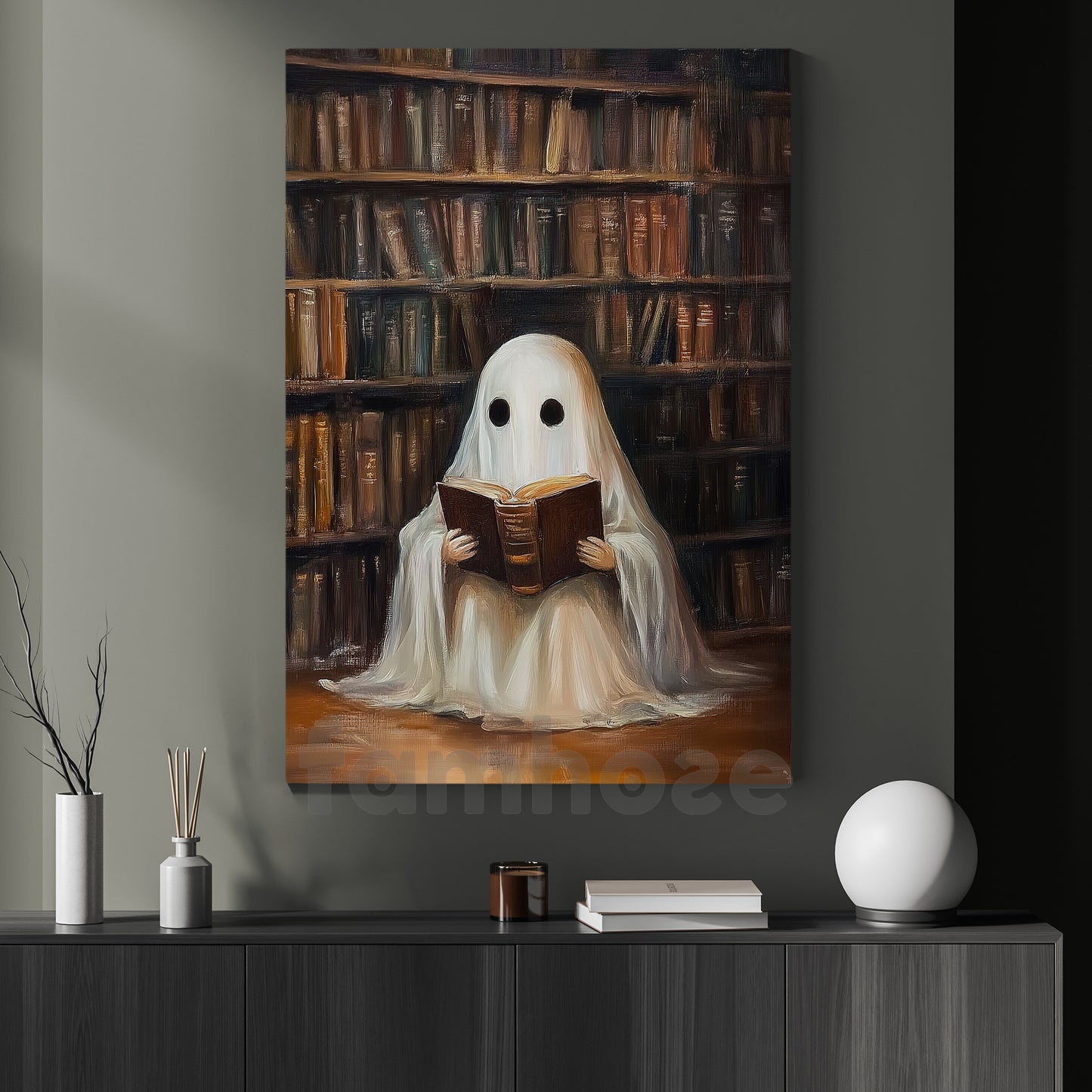 Cute Halloween Boo Book Canvas Painting, Ghost Reading Book In Library Wall Art Decor, Spooky Season Poster Gift For Ghost Lovers