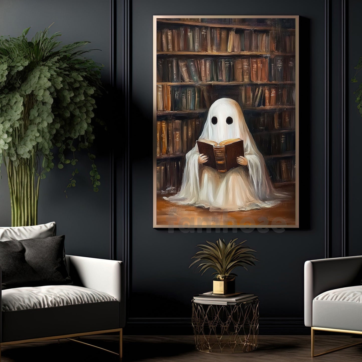 Cute Halloween Boo Book Canvas Painting, Ghost Reading Book In Library Wall Art Decor, Spooky Season Poster Gift For Ghost Lovers