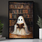 Cute Halloween Boo Book Canvas Painting, Ghost Reading Book In Library Wall Art Decor, Spooky Season Poster Gift For Ghost Lovers