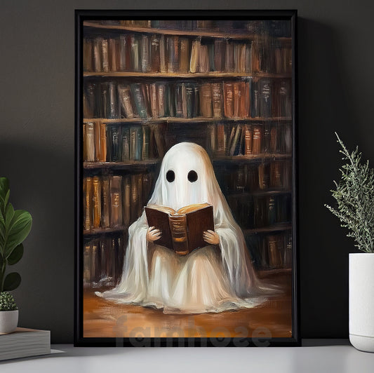 Cute Halloween Boo Book Canvas Painting, Ghost Reading Book In Library Wall Art Decor, Spooky Season Poster Gift For Ghost Lovers