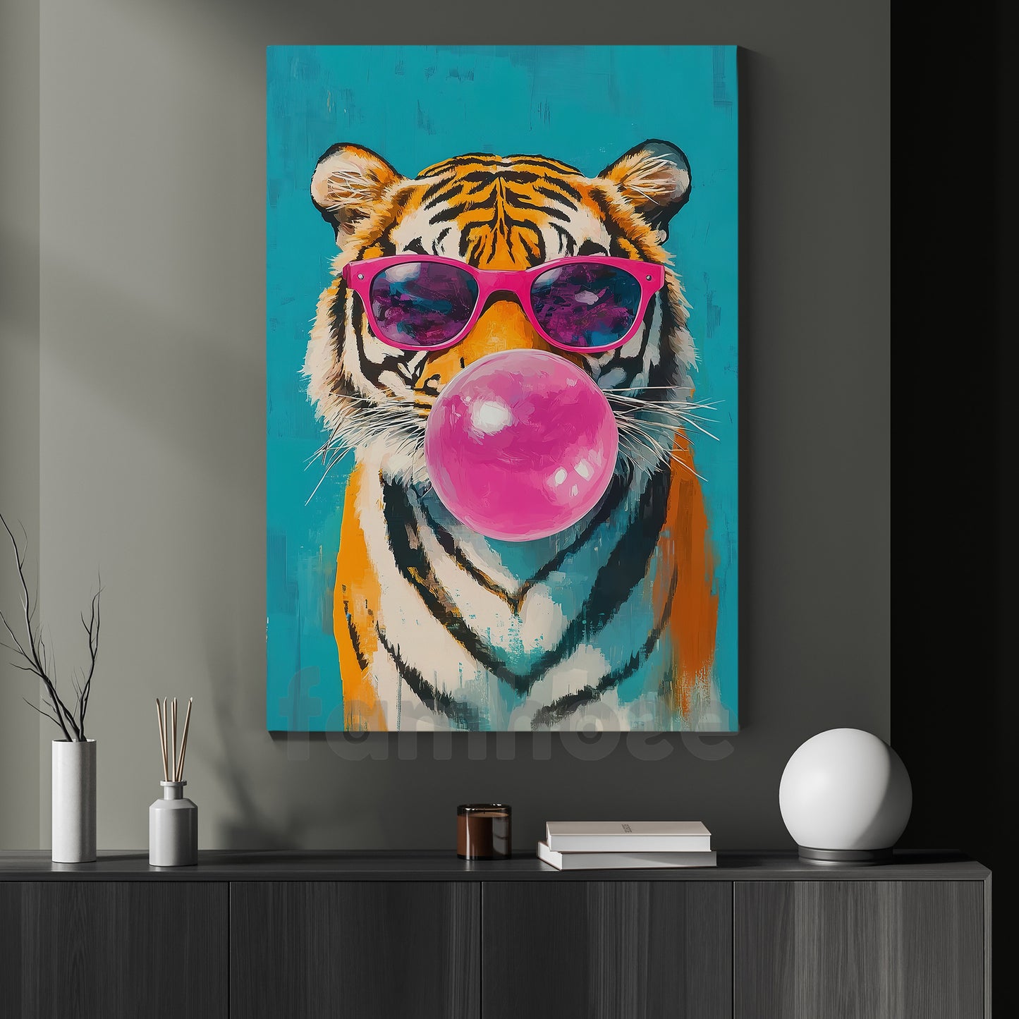 Retro Pop Canvas Painting, Bubblegum Tiger Wall Art Decor, Poster Gift To Decor House Or Office