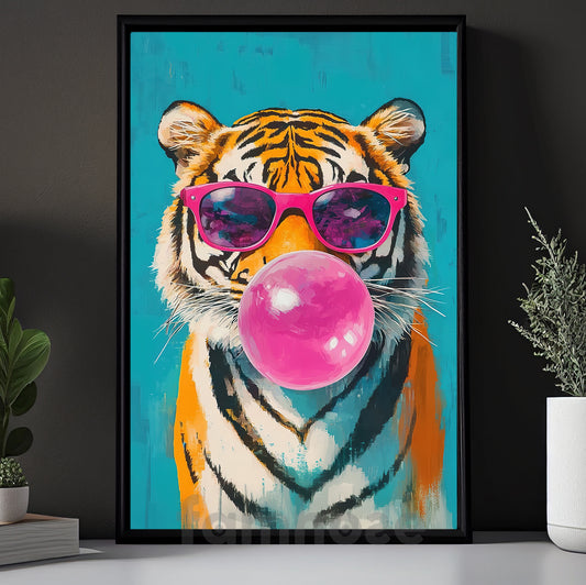 Retro Pop Canvas Painting, Bubblegum Tiger Wall Art Decor, Poster Gift To Decor House Or Office