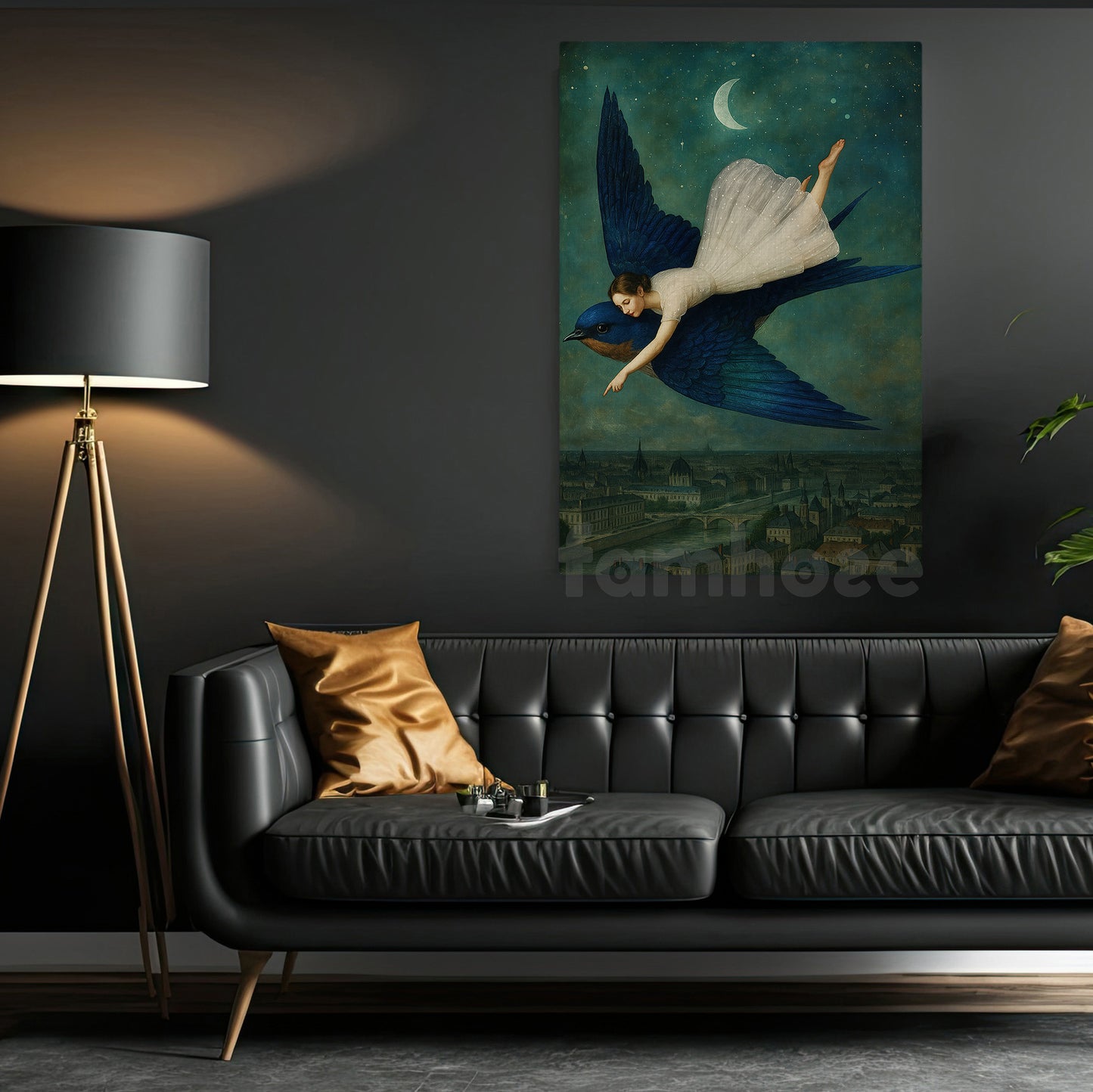 Girl And Giant Blue Bird Canvas Painting, Dream Flight Over The City Wall Art Decor, Poster Gift To Decor House Or Office
