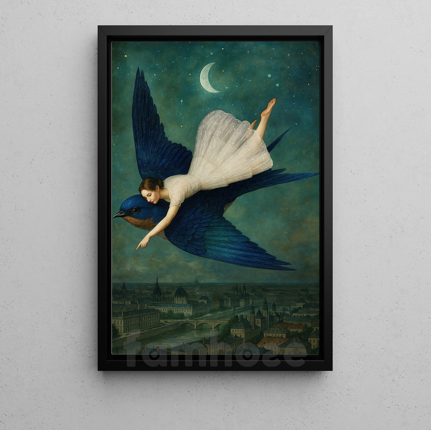 Girl And Giant Blue Bird Canvas Painting, Dream Flight Over The City Wall Art Decor, Poster Gift To Decor House Or Office