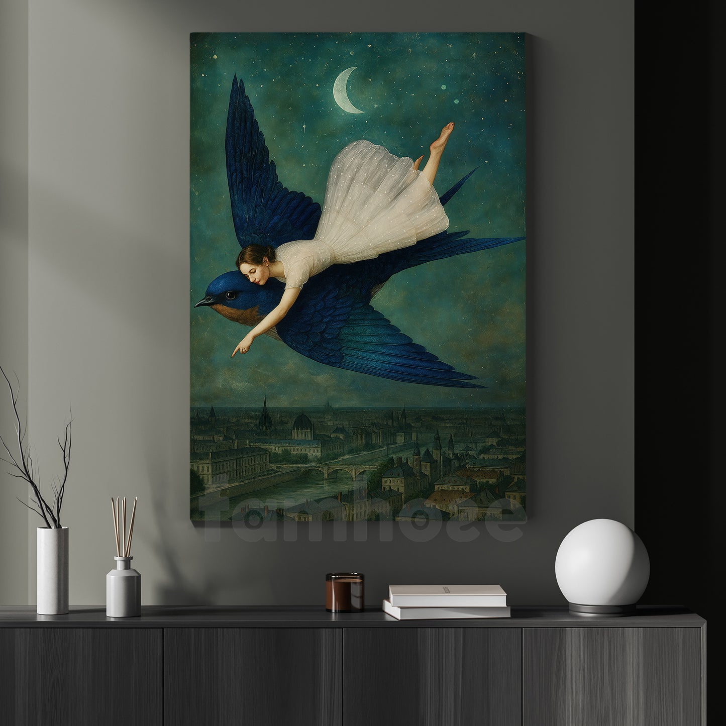 Girl And Giant Blue Bird Canvas Painting, Dream Flight Over The City Wall Art Decor, Poster Gift To Decor House Or Office