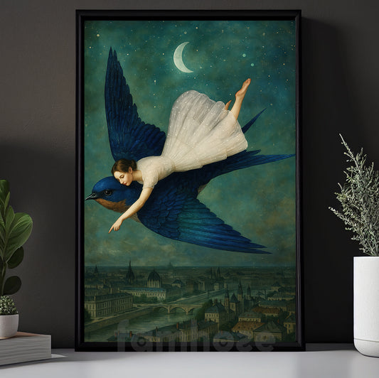 Girl And Giant Blue Bird Canvas Painting, Dream Flight Over The City Wall Art Decor, Poster Gift To Decor House Or Office