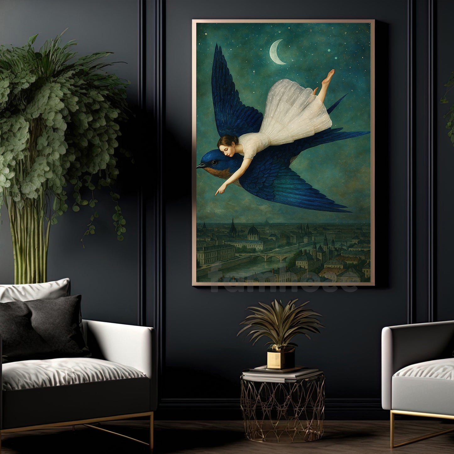 Girl And Giant Blue Bird Canvas Painting, Dream Flight Over The City Wall Art Decor, Poster Gift To Decor House Or Office