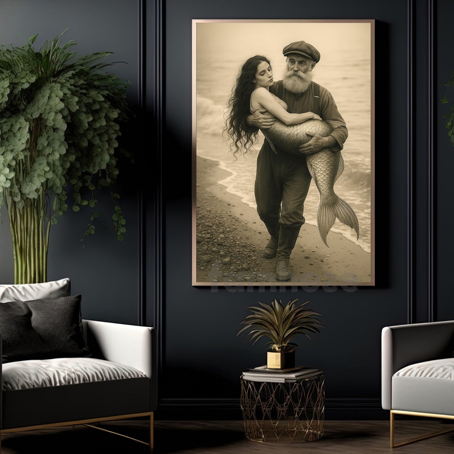 Fisherman And Mermaid Canvas Painting, Lost Mermaid Wall Art Decor, Poster Gift To Decor House Or Office