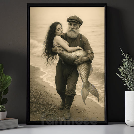 Fisherman And Mermaid Canvas Painting, Lost Mermaid Wall Art Decor, Poster Gift To Decor House Or Office