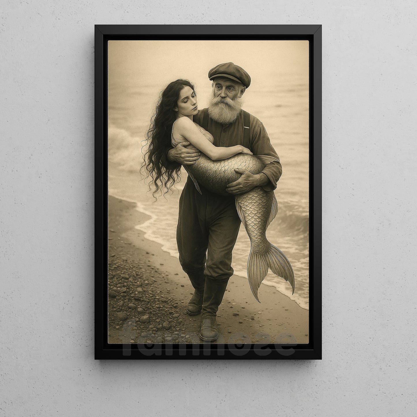 Fisherman And Mermaid Canvas Painting, Lost Mermaid Wall Art Decor, Poster Gift To Decor House Or Office