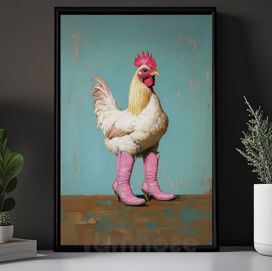 Funny Chicken And Cowgirl Canvas Painting, Sassy Chicken In Pink Boots Wall Art Decor, Poster Gift For Cowgirl, Chicken Lovers