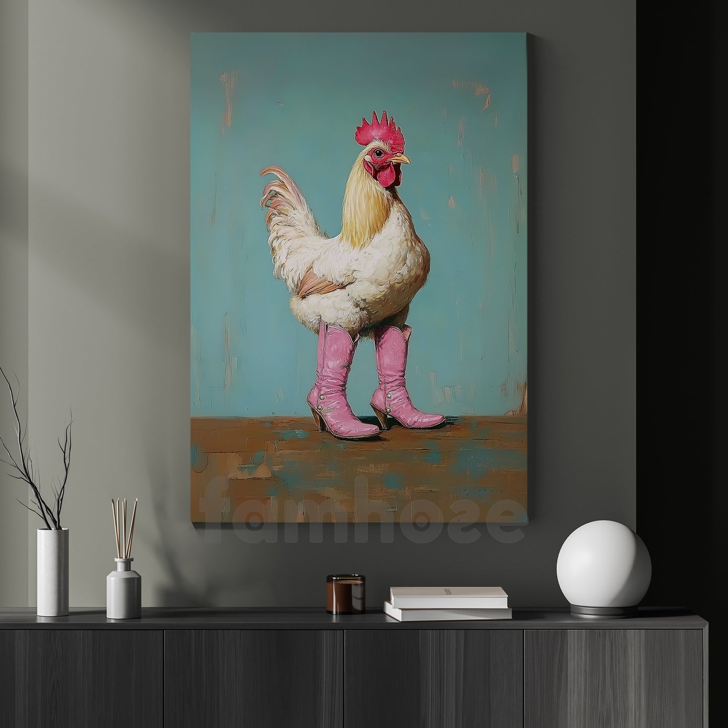 Funny Chicken And Cowgirl Canvas Painting, Sassy Chicken In Pink Boots Wall Art Decor, Poster Gift For Cowgirl, Chicken Lovers
