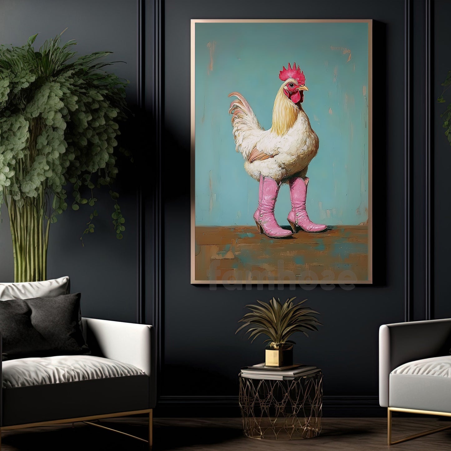 Funny Chicken And Cowgirl Canvas Painting, Sassy Chicken In Pink Boots Wall Art Decor, Poster Gift For Cowgirl, Chicken Lovers