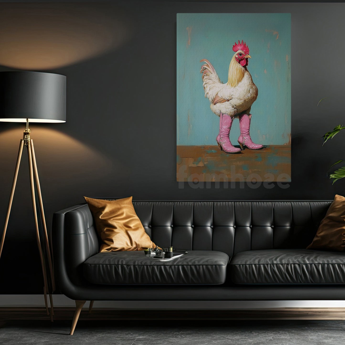 Funny Chicken And Cowgirl Canvas Painting, Sassy Chicken In Pink Boots Wall Art Decor, Poster Gift For Cowgirl, Chicken Lovers