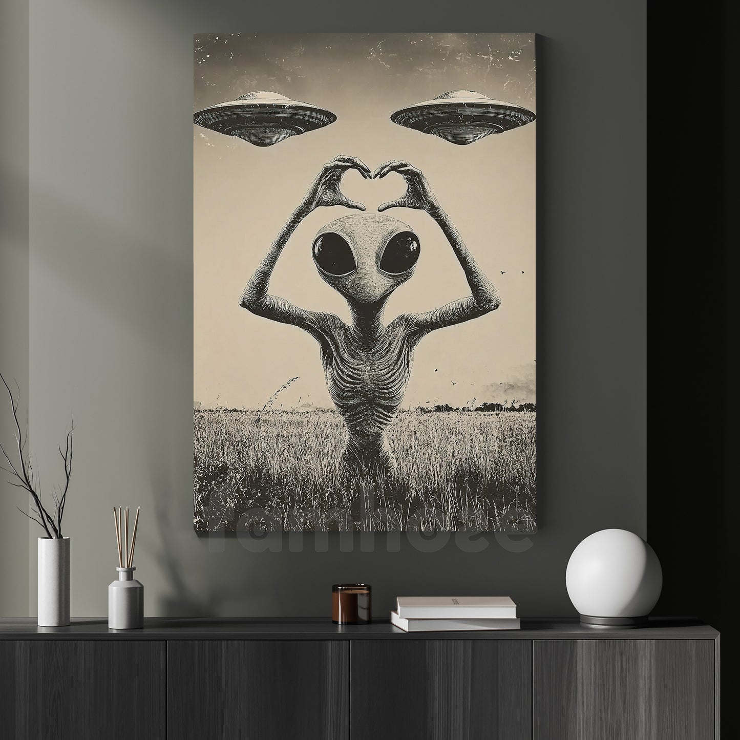 Funny Alien UFO Canvas Painting, We Come In Peace And Love Wall Art Decor, Poster Gift For UFO Lovers, Alien Lovers