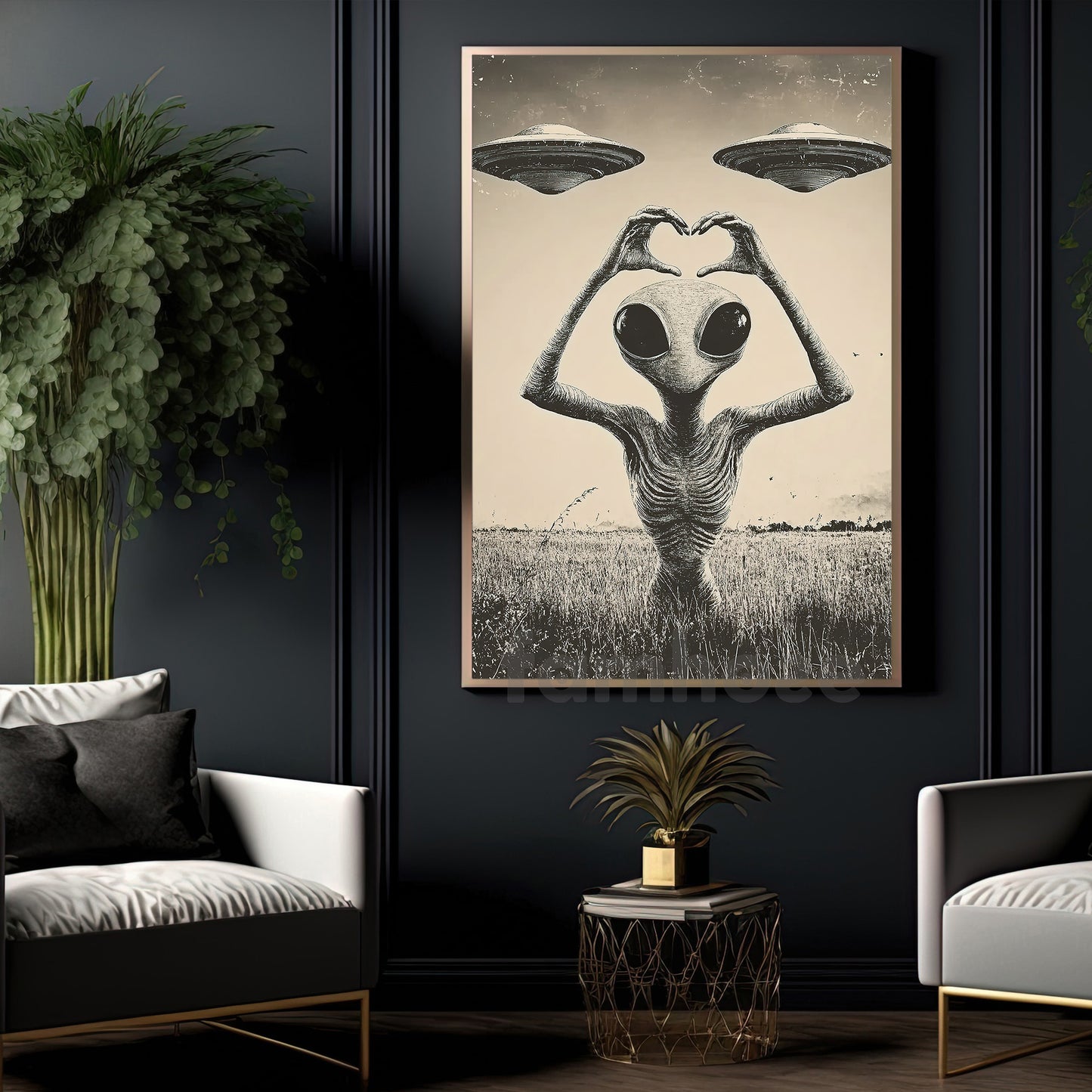 Funny Alien UFO Canvas Painting, We Come In Peace And Love Wall Art Decor, Poster Gift For UFO Lovers, Alien Lovers