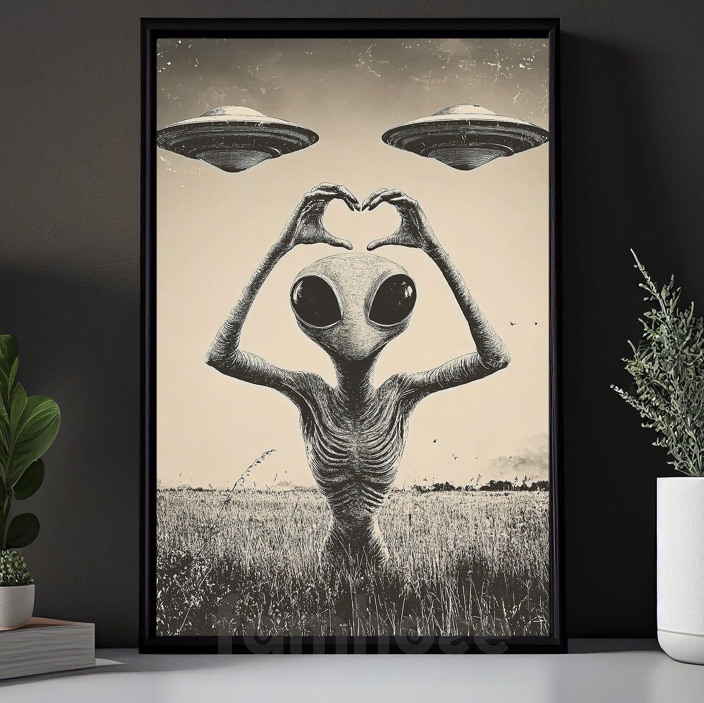 Funny Alien UFO Canvas Painting, We Come In Peace And Love Wall Art Decor, Poster Gift For UFO Lovers, Alien Lovers
