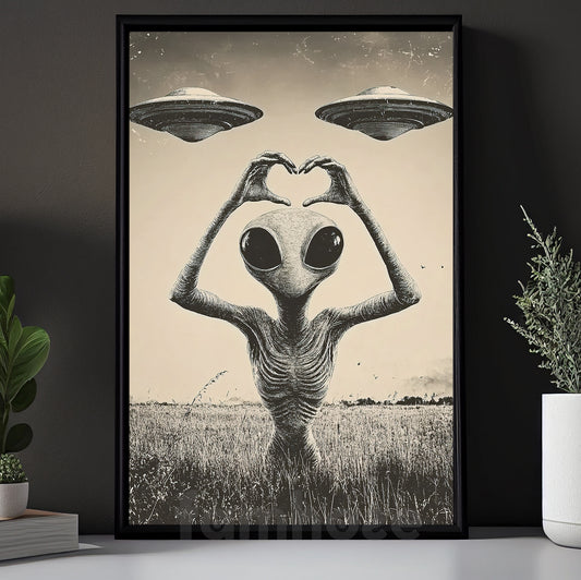 Funny Alien UFO Canvas Painting, We Come In Peace And Love Wall Art Decor, Poster Gift For UFO Lovers, Alien Lovers