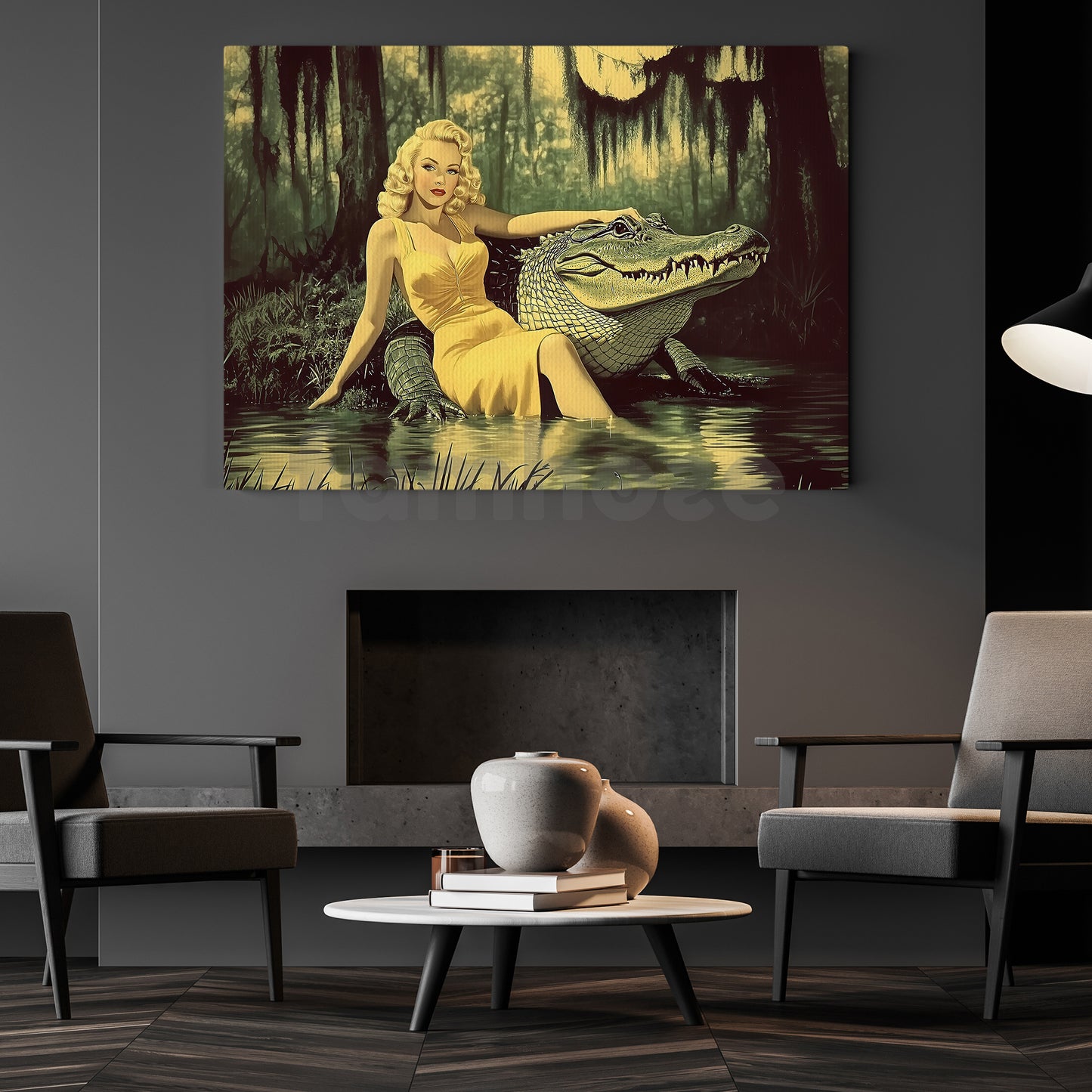 Retro Beauty And The Beast Canvas Painting, Blonde Bombshell And Alligator Wall Art Decor, Poster Gift To Decor House Or Office