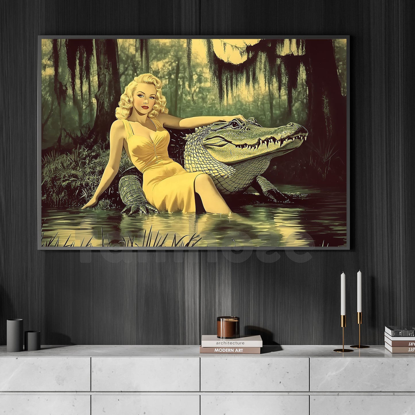 Retro Beauty And The Beast Canvas Painting, Blonde Bombshell And Alligator Wall Art Decor, Poster Gift To Decor House Or Office