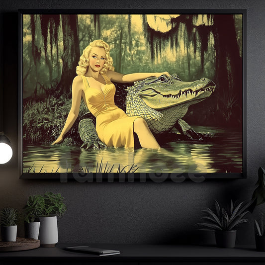 Retro Beauty And The Beast Canvas Painting, Blonde Bombshell And Alligator Wall Art Decor, Poster Gift To Decor House Or Office