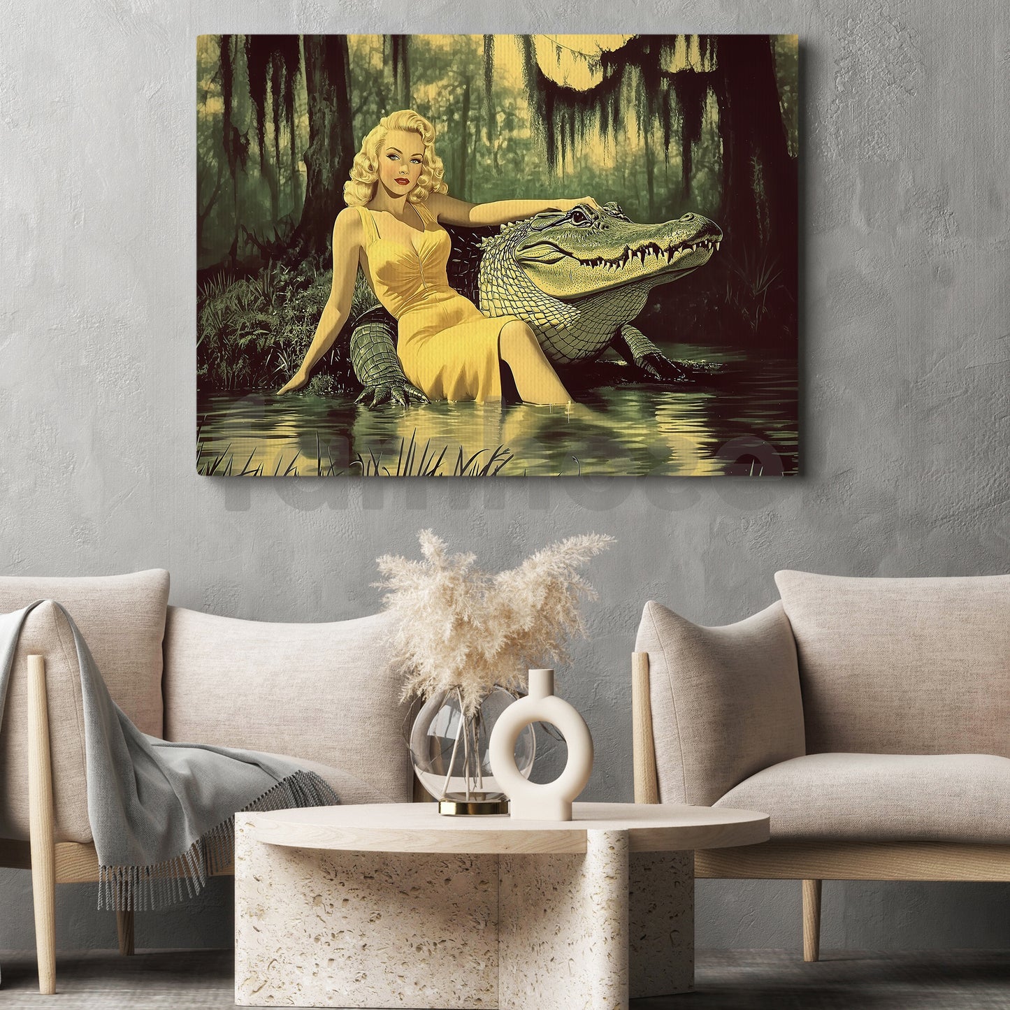 Retro Beauty And The Beast Canvas Painting, Blonde Bombshell And Alligator Wall Art Decor, Poster Gift To Decor House Or Office