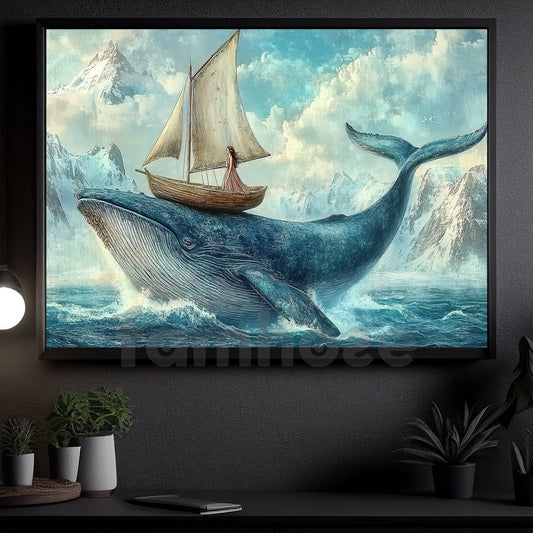 Whale And Girl Canvas Painting, Voyage On The Whale Wall Art Decor, Poster Gift To Decor House Or Office