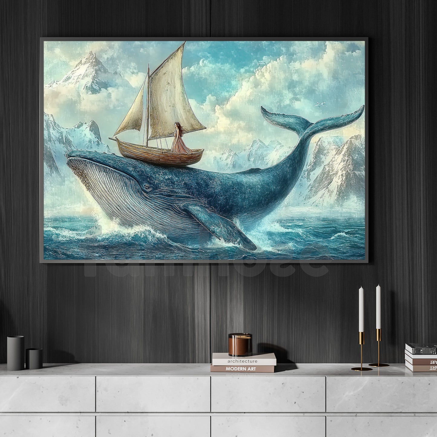 Whale And Girl Canvas Painting, Voyage On The Whale Wall Art Decor, Poster Gift To Decor House Or Office