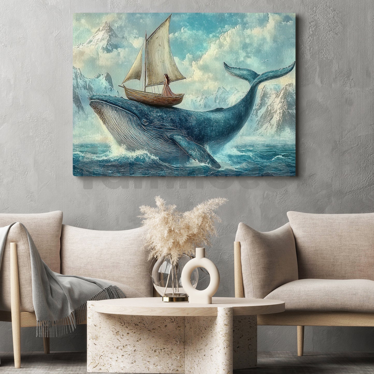 Whale And Girl Canvas Painting, Voyage On The Whale Wall Art Decor, Poster Gift To Decor House Or Office